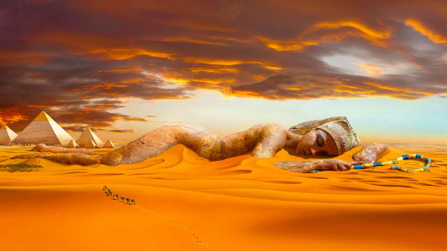 Egyptian Goddess Lying in the Sands next to Pyramids